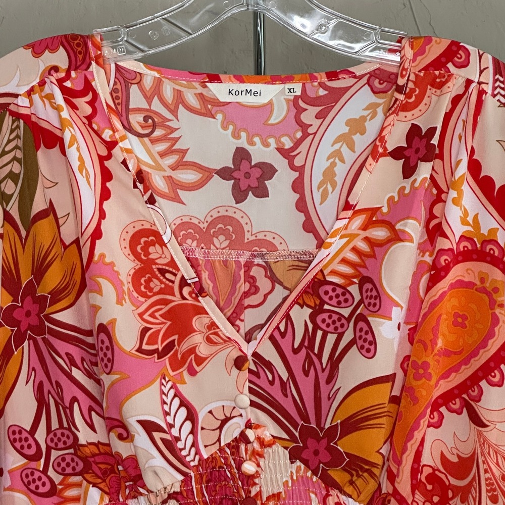 KorMei Pink Orange Floral Paisley Smocked Waist Boho Maxi Dress Womens XL V-Neck - Picture 4 of 8